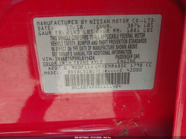 Nissan SENTRA SV 2019 3N1AB7APXKL611424 Image 9