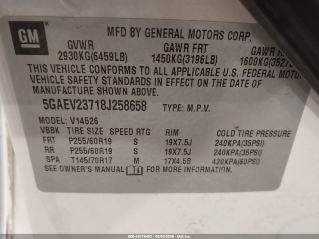 Aukcja sprzedaży 2008 Buick Enclave Cxl, vin: 5GAEV23718J258658, numer aukcji: 45778492