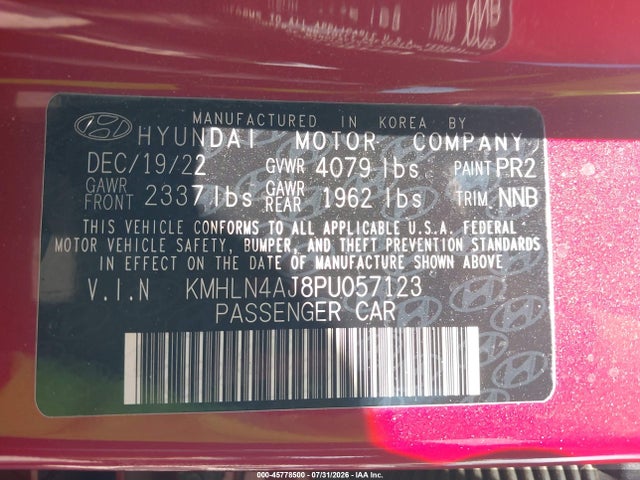 45778500 :رقم المزاد ، KMHLN4AJ8PU057123 vin ، 2023 Hyundai Elantra Hybrid Limited مزاد بيع