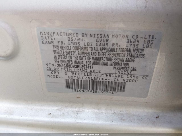 45778504 :رقم المزاد ، 3N1CN8DV3RL897417 vin ، 2024 Nissan Versa 1.6 S مزاد بيع
