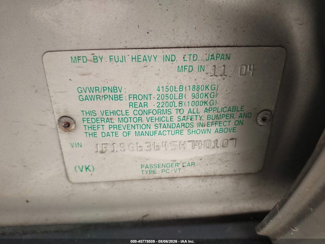 Продажа на аукционе авто 2005 Subaru Forester 2.5x, vin: JF1SG63645H740107, номер лота: 45778509