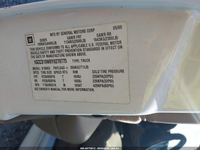 Продаж на аукціоні авто 2000 Chevrolet S-10 Ls, vin: 1GCCS19W8Y8278775, номер лоту: 45778512