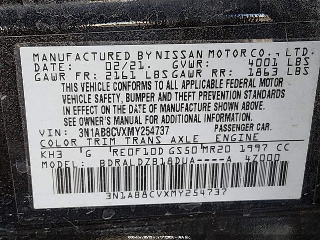 Aukcja sprzedaży 2021 Nissan Sentra Sv Xtronic Cvt, vin: 3N1AB8CVXMY254737, numer aukcji: 45778519