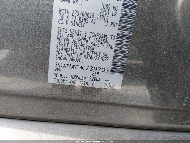 45778545 :رقم المزاد ، 5N1AT2MV1HC739705 vin ، 2017 Nissan Rogue Sl مزاد بيع