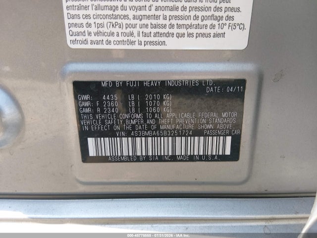 Продаж на аукціоні авто 2011 Subaru Legacy 2.5i, vin: 4S3BMBA65B3251724, номер лоту: 45778555