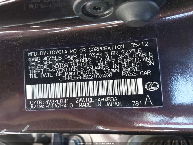 45778557 :رقم المزاد ، JTHKD5BH5C2107498 vin ، 2012 Lexus Ct 200h Premium مزاد بيع