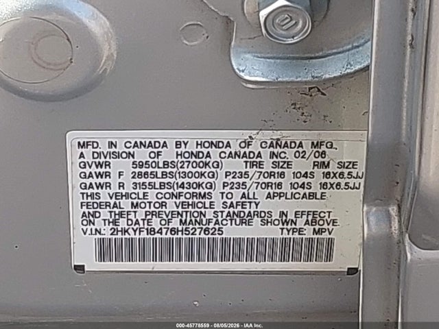 2006 Honda Pilot Ex მანქანა იყიდება აუქციონზე, vin: 2HKYF18476H527625, აუქციონის ნომერი: 45778559
