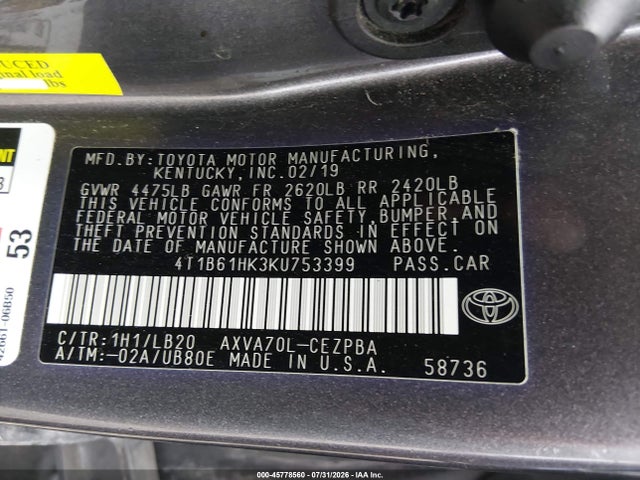 Aukcja sprzedaży 2019 Toyota Camry Xse, vin: 4T1B61HK3KU753399, numer aukcji: 45778560