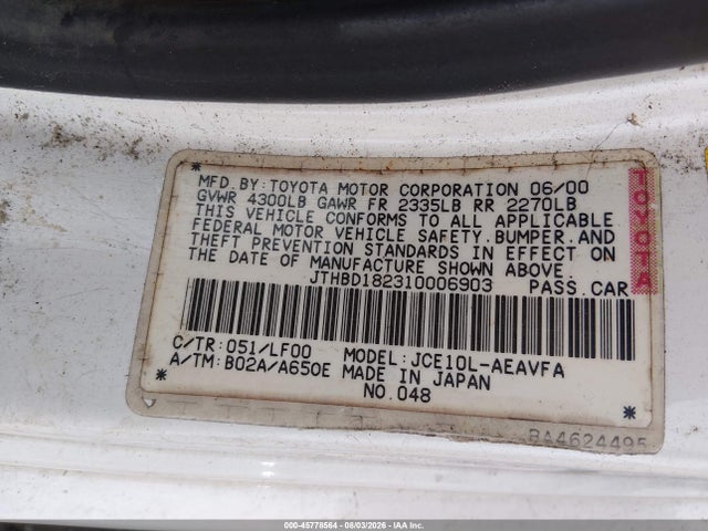 45778564 :رقم المزاد ، JTHBD182310006903 vin ، 2001 Lexus Is 300 مزاد بيع