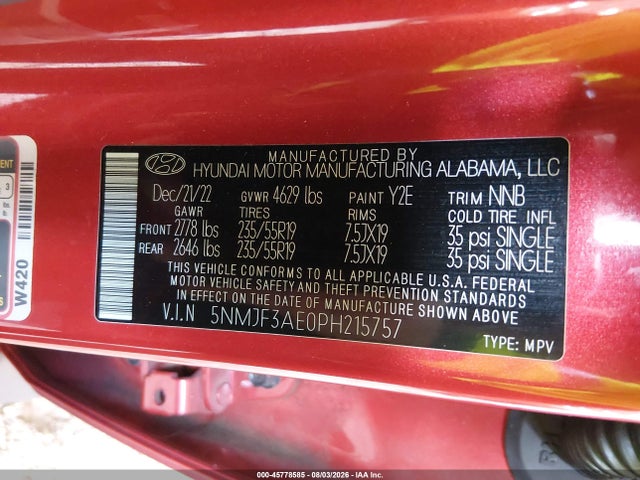 45778585 :رقم المزاد ، 5NMJF3AE0PH215757 vin ، 2023 Hyundai Tucson Sel مزاد بيع