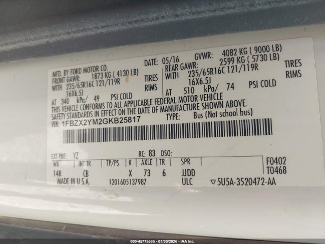 2016 Ford Transit-350 Xl მანქანა იყიდება აუქციონზე, vin: 1FBZX2YM2GKB25817, აუქციონის ნომერი: 45778595