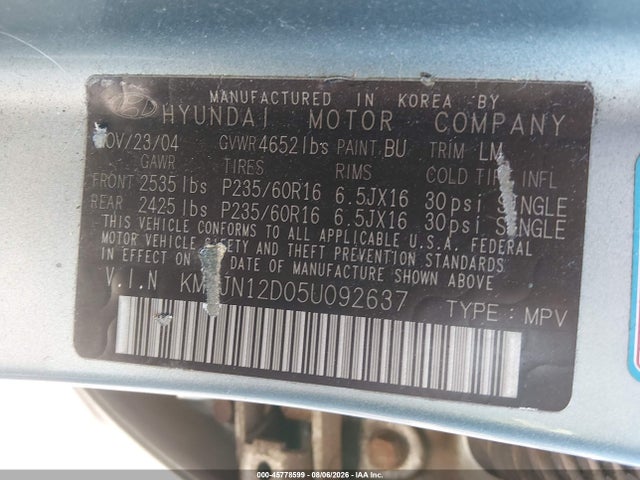 Продаж на аукціоні авто 2005 Hyundai Tucson Gls/lx, vin: KM8JN12D05U092637, номер лоту: 45778599