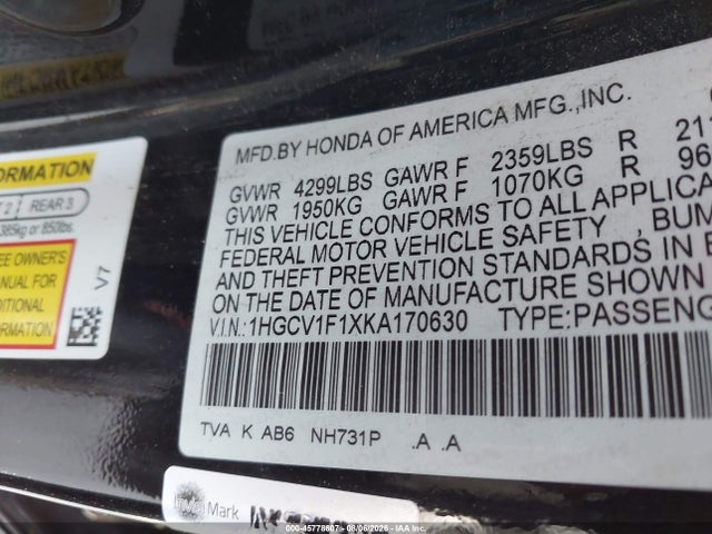 Honda ACCORD LX 2019 1HGCV1F1XKA170630 Image 9
