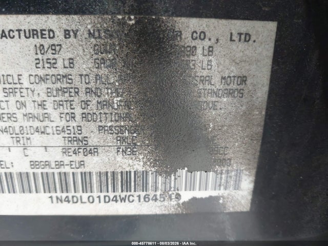 Aukcja sprzedaży 1998 Nissan Altima Gle/gxe/se/xe, vin: 1N4DL01D4WC164519, numer aukcji: 45778611