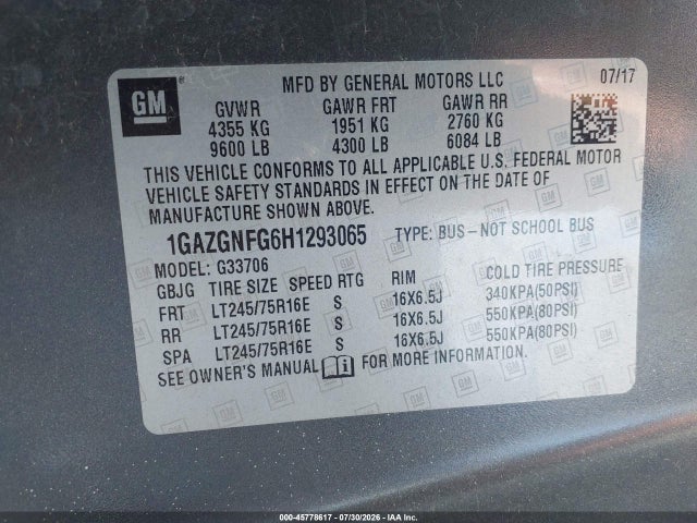 Продажа на аукционе авто 2017 Chevrolet Express 3500 Ls, vin: 1GAZGNFG6H1293065, номер лота: 45778617