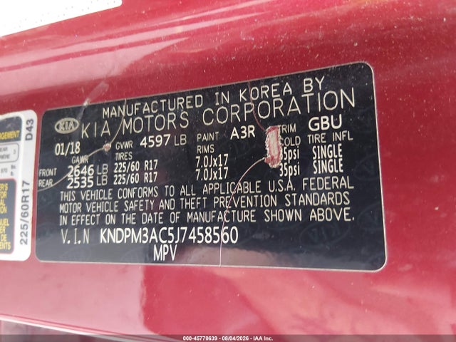 45778639 :رقم المزاد ، KNDPM3AC5J7458560 vin ، 2018 Kia Sportage Lx مزاد بيع