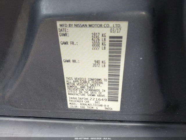 2017 Nissan Altima 2.5 Sv მანქანა იყიდება აუქციონზე, vin: 1N4AL3AP5HC221649, აუქციონის ნომერი: 45778640