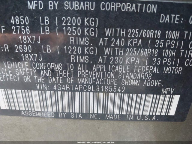 45778642 :رقم المزاد ، 4S4BTAPC9L3185542 vin ، 2020 Subaru Outback Touring مزاد بيع