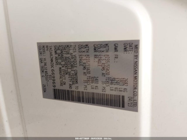2013 Nissan Pathfinder Platinum მანქანა იყიდება აუქციონზე, vin: 5N1AR2MM2DC669969, აუქციონის ნომერი: 45778659