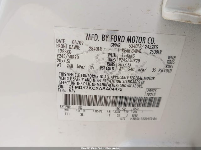 Продаж на аукціоні авто 2010 Ford Edge Limited, vin: 2FMDK3KCXABA04475, номер лоту: 45778663