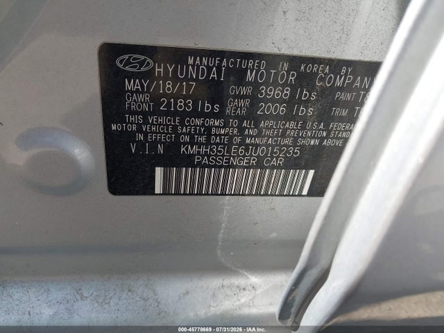 45778669 :رقم المزاد ، KMHH35LE6JU015235 vin ، 2018 Hyundai Elantra Gt مزاد بيع