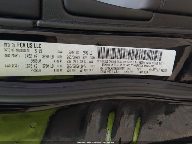 45778678 :رقم المزاد ، 1C4RJFCG9KC804623 vin ، 2019 Jeep Grand Cherokee High Altitude 4x4 مزاد بيع