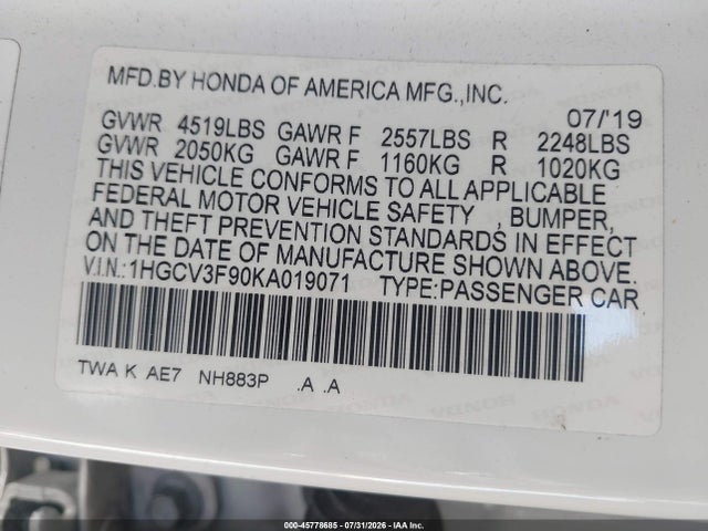 1HGCV3F90KA019071 Honda Accord Hybrid Touring