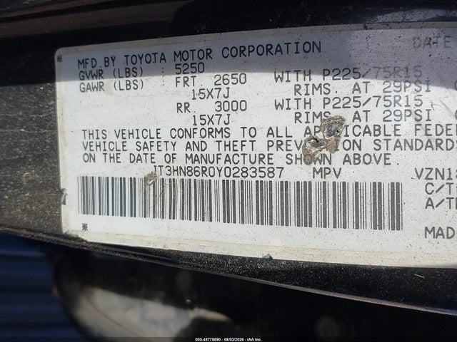 2000 Toyota 4runner Sr5 V6 მანქანა იყიდება აუქციონზე, vin: JT3HN86R0Y0283587, აუქციონის ნომერი: 45778690