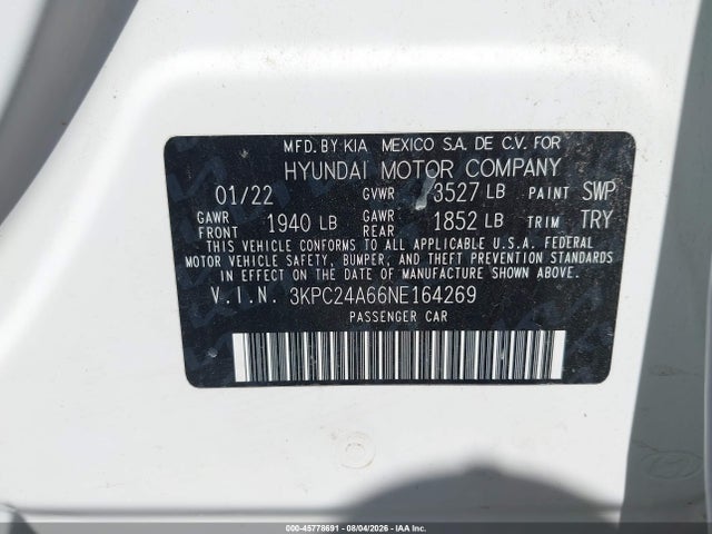 Продаж на аукціоні авто 2022 Hyundai Accent Se, vin: 3KPC24A66NE164269, номер лоту: 45778691