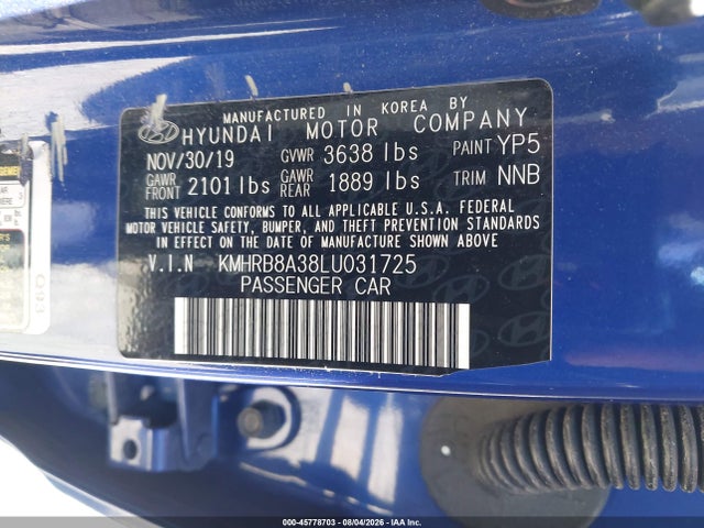 2020 Hyundai Venue Se მანქანა იყიდება აუქციონზე, vin: KMHRB8A38LU031725, აუქციონის ნომერი: 45778703