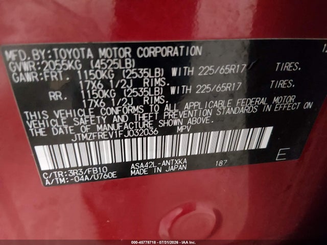 2015 Toyota Rav4 Le მანქანა იყიდება აუქციონზე, vin: JTMZFREV1FJ032036, აუქციონის ნომერი: 45778718