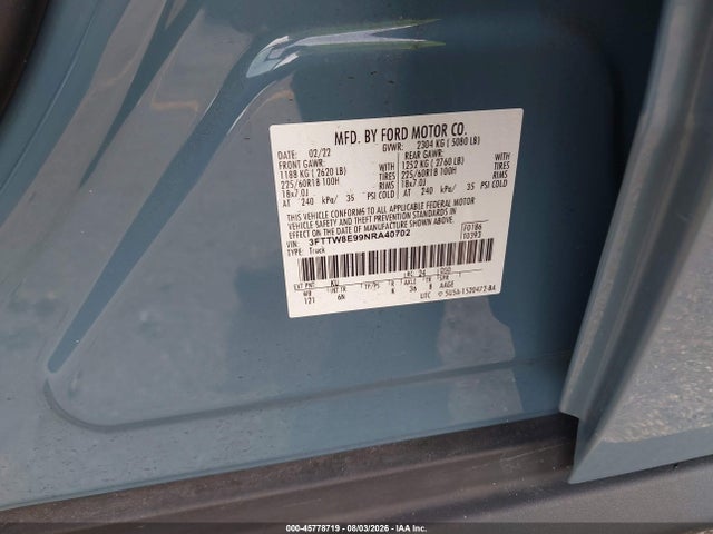 Продаж на аукціоні авто 2022 Ford Maverick Lariat, vin: 3FTTW8E99NRA40702, номер лоту: 45778719