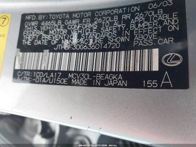 Aukcja sprzedaży 2003 Lexus Es 300, vin: JTHBF30G636014720, numer aukcji: 45778722