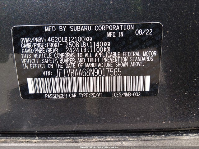 Продаж на аукціоні авто 2022 Subaru Wrx, vin: JF1VBAA68N9017565, номер лоту: 45778739