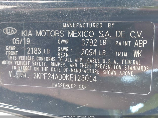 Aukcja sprzedaży 2019 Kia Forte Lxs, vin: 3KPF24AD0KE123014, numer aukcji: 45778741