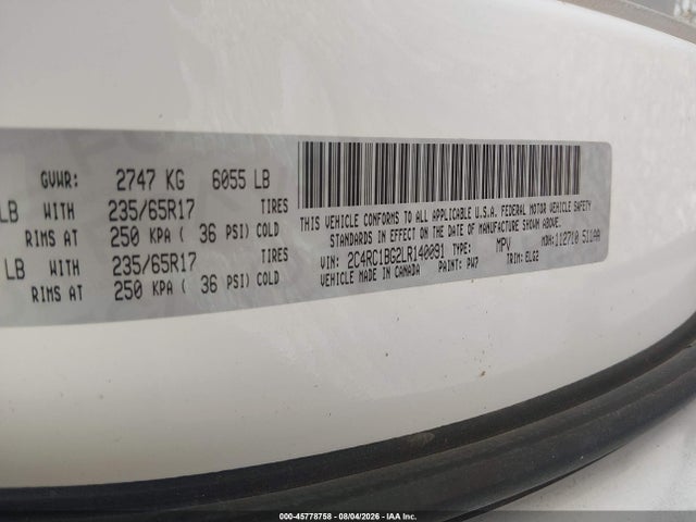 Aukcja sprzedaży 2020 Chrysler Pacifica Touring L, vin: 2C4RC1BG2LR140091, numer aukcji: 45778758