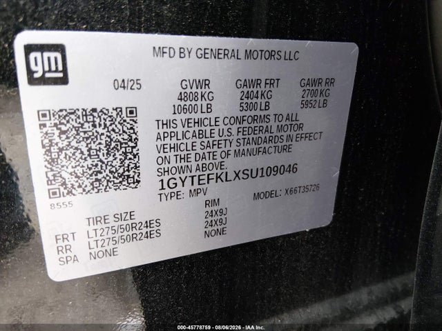 2025 Cadillac Escalade Iq Sport 2 Awd მანქანა იყიდება აუქციონზე, vin: 1GYTEFKLXSU109046, აუქციონის ნომერი: 45778759