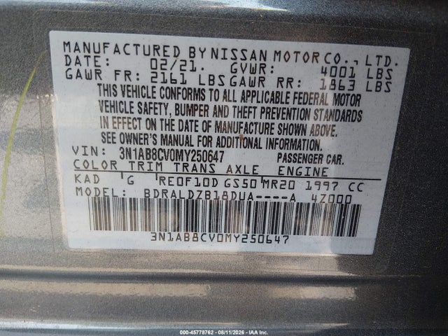 45778762 :رقم المزاد ، 3N1AB8CV0MY250647 vin ، 2021 Nissan Sentra Sv Xtronic Cvt مزاد بيع