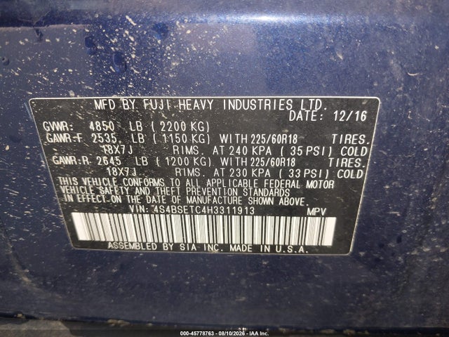 Продаж на аукціоні авто 2017 Subaru Outback 3.6r Touring, vin: 4S4BSETC4H3311913, номер лоту: 45778763