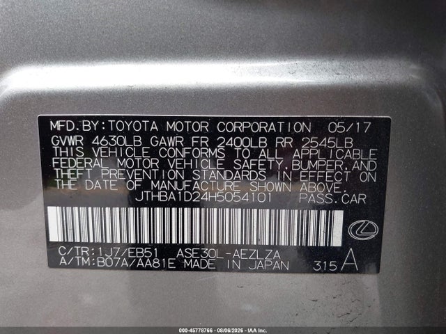 Aukcja sprzedaży 2017 Lexus Is 200t, vin: JTHBA1D24H5054101, numer aukcji: 45778766