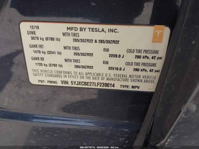 2020 Tesla Model X Long Range Dual Motor All-wheel Drive/long Range Plus Dual Motor All-wheel Drive მანქანა იყიდება აუქციონზე, vin: 5YJXCBE27LF239014, აუქციონის ნომერი: 45778774