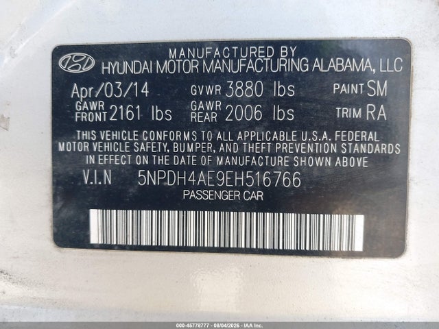 2014 Hyundai Elantra Se მანქანა იყიდება აუქციონზე, vin: 5NPDH4AE9EH516766, აუქციონის ნომერი: 45778777