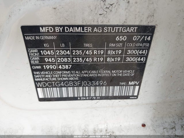 45778791 :رقم المزاد ، WDCTG4GB3FJ033496 vin ، 2015 Mercedes-benz Gla 250 4matic مزاد بيع