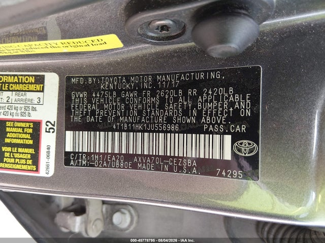 2018 Toyota Camry Se მანქანა იყიდება აუქციონზე, vin: 4T1B11HK1JU556986, აუქციონის ნომერი: 45778795