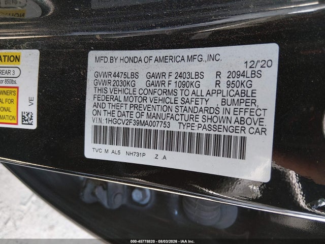 Продажа на аукционе авто 2021 Honda Accord Sport 2.0t, vin: 1HGCV2F39MA007753, номер лота: 45778820