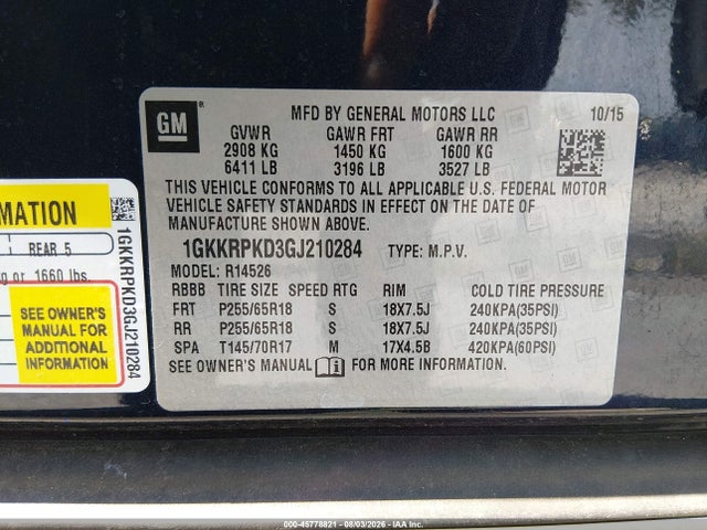 Aukcja sprzedaży 2016 Gmc Acadia Sle-2, vin: 1GKKRPKD3GJ210284, numer aukcji: 45778821