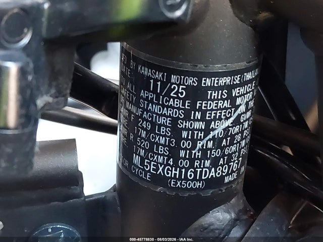 Aukcja sprzedaży 2026 Kawasaki Ex500 H, vin: ML5EXGH16TDA89767, numer aukcji: 45778830