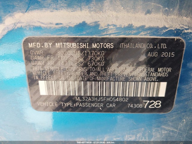 2015 Mitsubishi Mirage De მანქანა იყიდება აუქციონზე, vin: ML32A3HJ5FH054802, აუქციონის ნომერი: 45778839