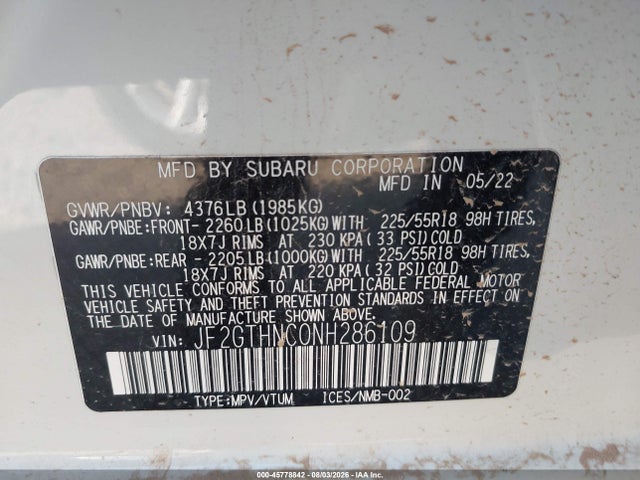 Subaru Crosstrek Limited 2022 JF2GTHNC0NH286109 Image 9