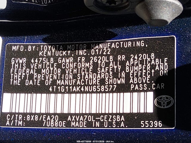 45778856 :رقم المزاد ، 4T1G11AK4NU658577 vin ، 2022 Toyota Camry Se مزاد بيع